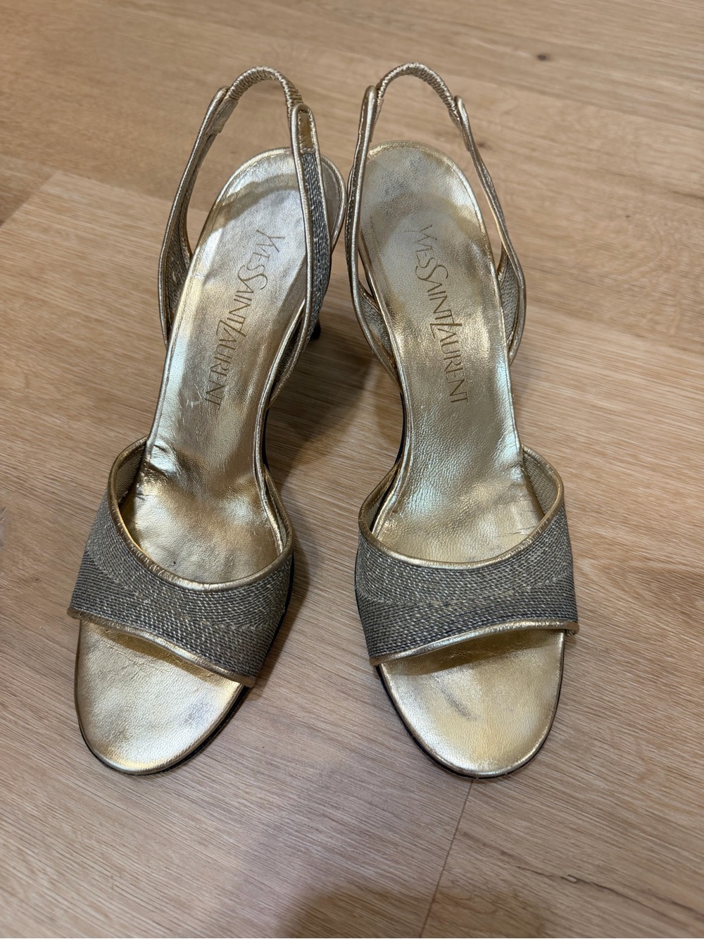 Yves Saint Laurent Metallic Gold Open-Toe Slingback Heels